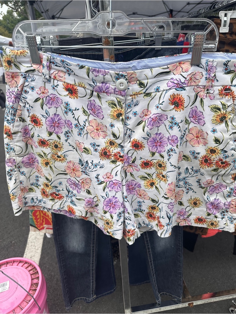 crown & ivy Floral Jean Shorts - White with Purple, Pink & Yellow Flowers